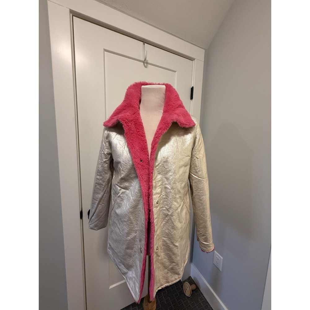 Free Press Women Coat Reversible Sherpa Faux Fur Pink Gold Size S - Picture 7 of 10